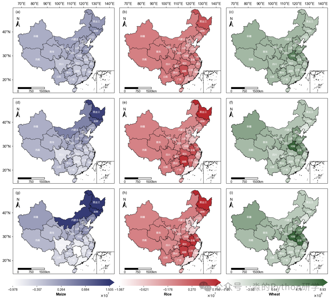使用自定义白-蓝、白-红、白-绿色系绘制的产量分布图