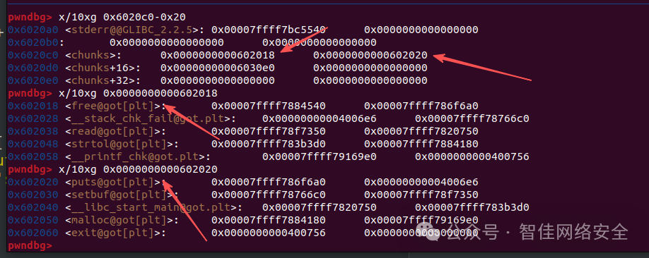覆盖指针数组为free_got和puts_got