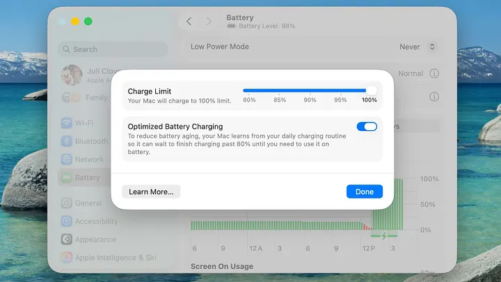 macOS 26.4 Beta电池设置中的充电上限功能界面