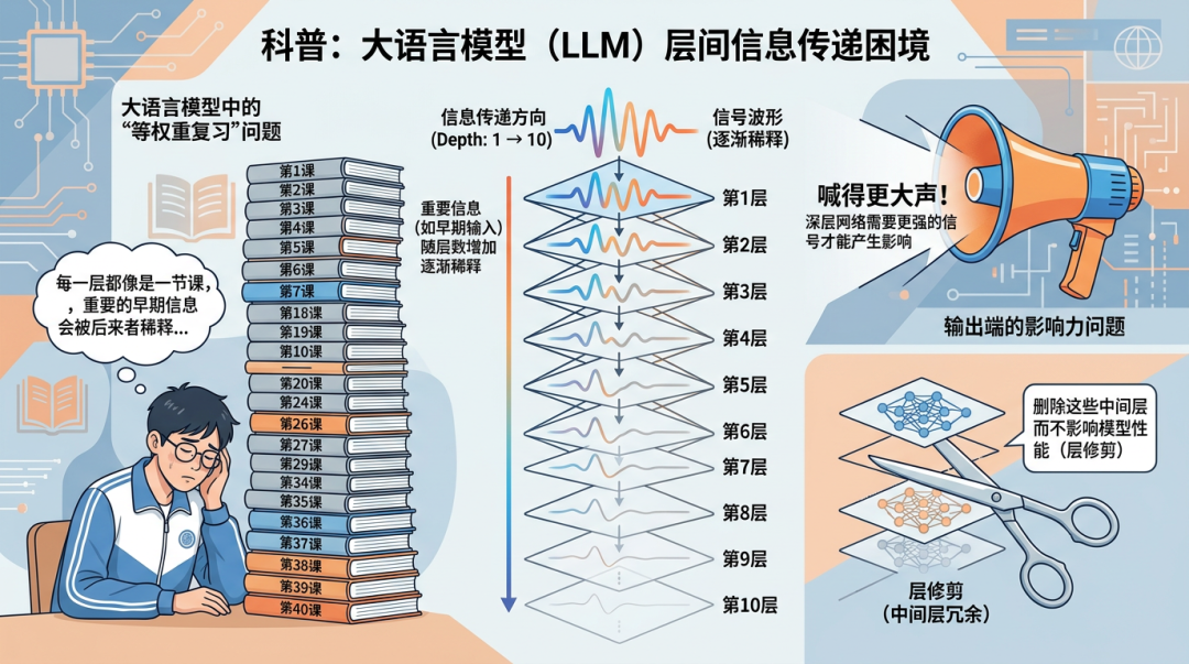 大语言模型中层间信息稀释问题的科普示意图