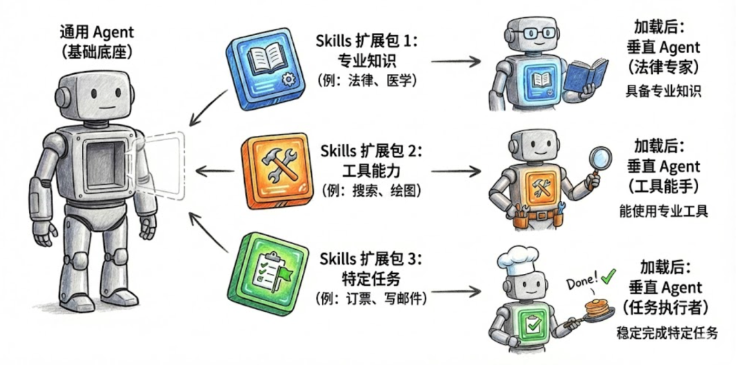 通用Agent通过加载Skills扩展包变为垂直Agent的示意图