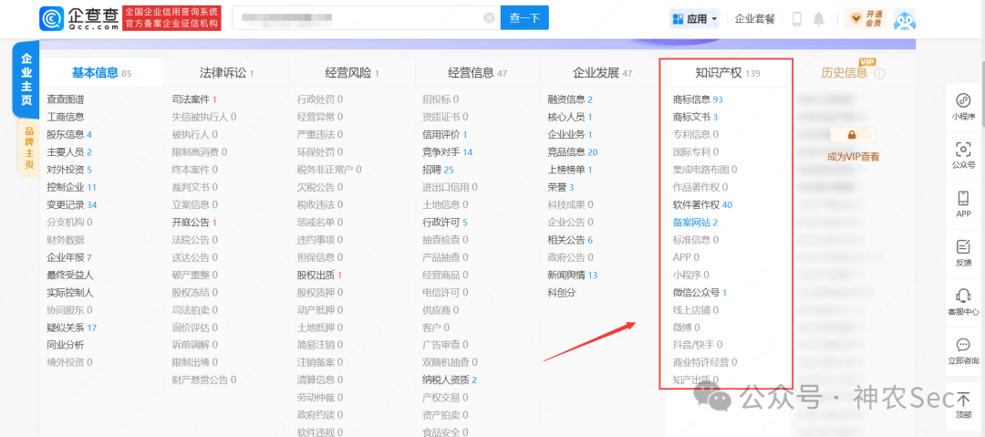 企查查知识产权模块查询结果