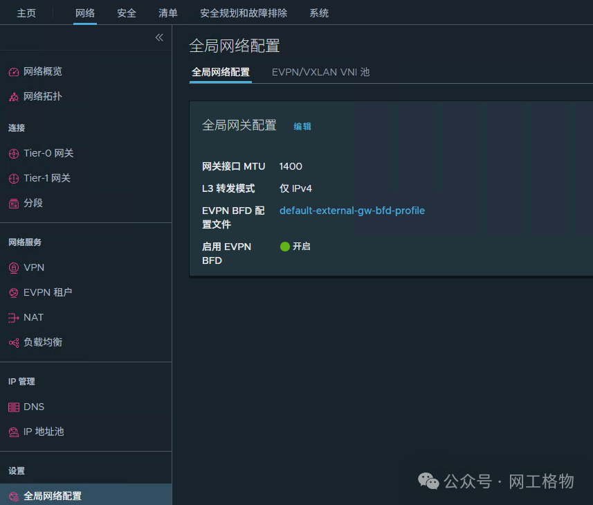 NSX 全局网络配置界面