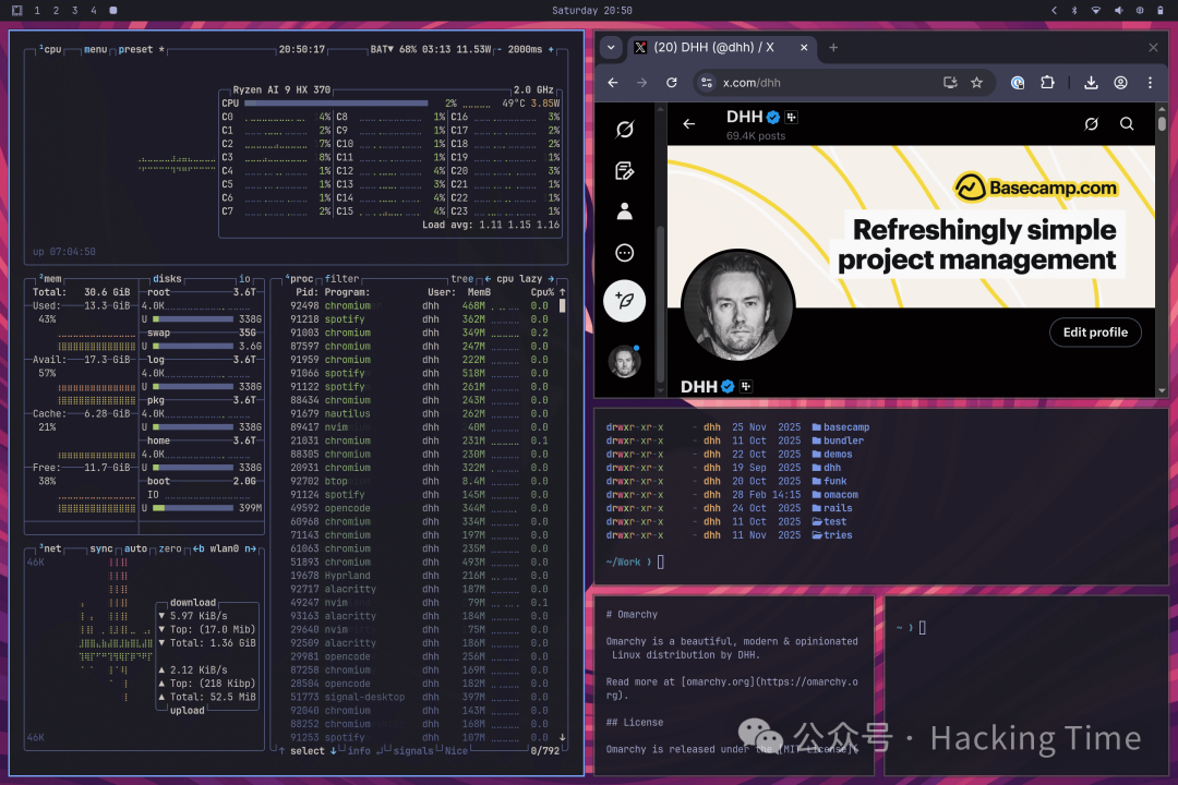 Omarchy 桌面环境截图，展示多窗口布局与系统监控