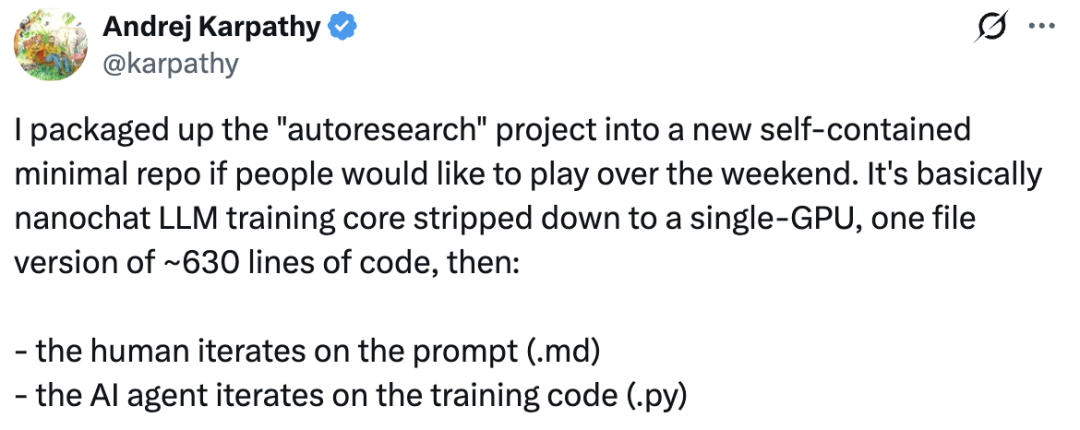 Andrej Karpathy关于autoresearch项目的推文截图