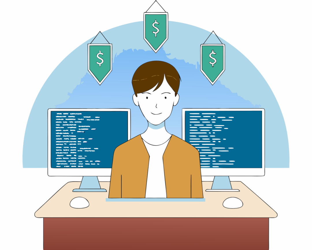 程序员在电脑前工作，背景有美元盾牌，象征财务与安全