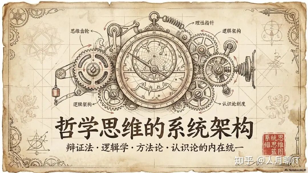 哲学思维系统架构的复古机械风格概念图