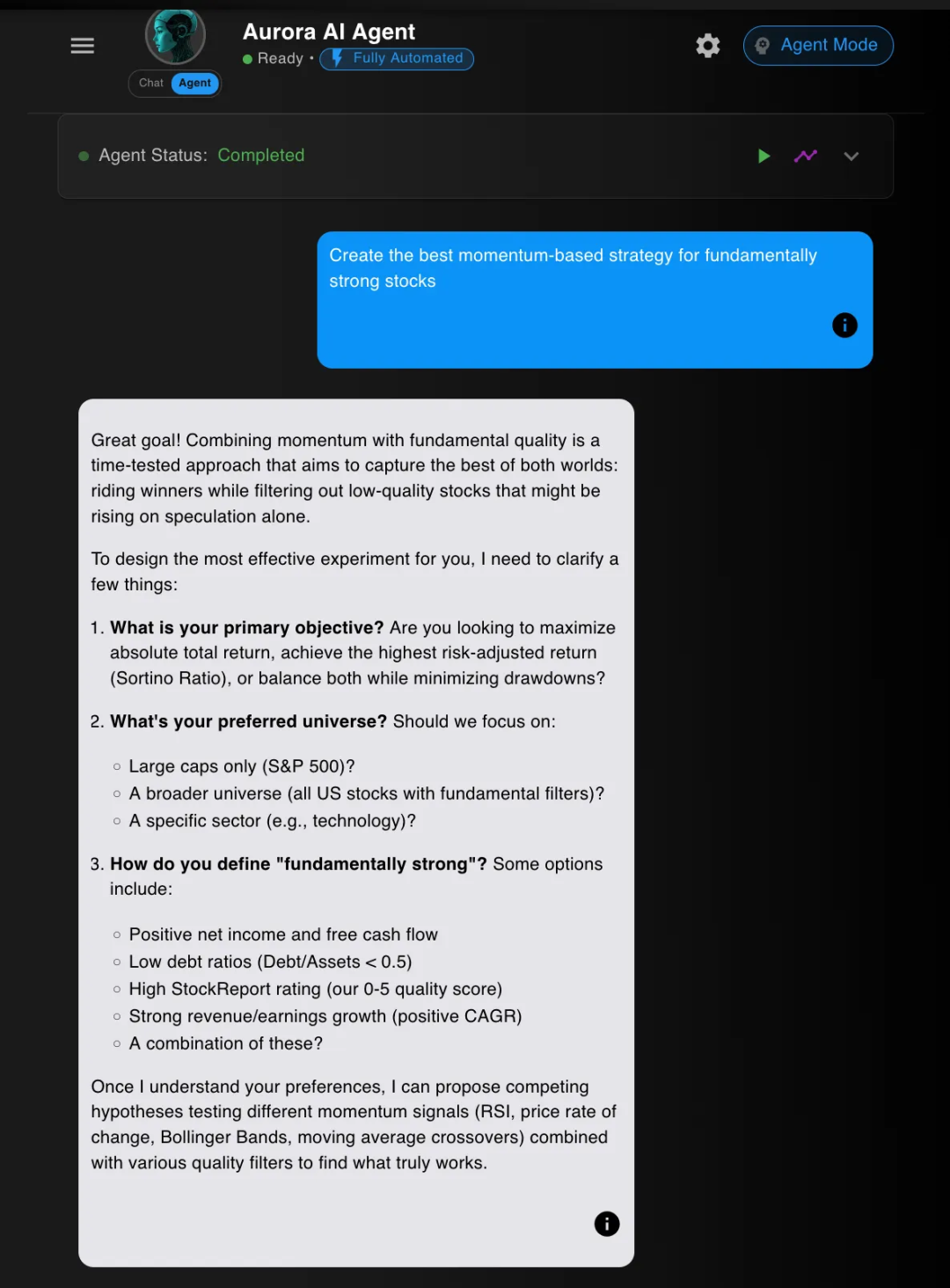 Aurora AI Agent 策略构建对话界面