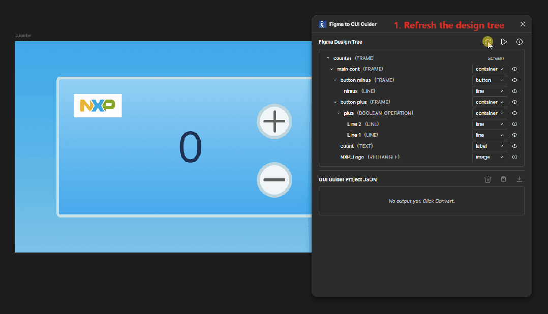 Figma to GUI Guider 插件操作流程:刷新设计树、转换、修改类型、导出 zip