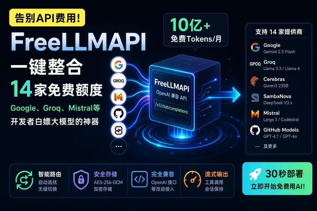 FreeLLMAPI宣传海报,展示聚合14家免费模型、智能路由等功能
