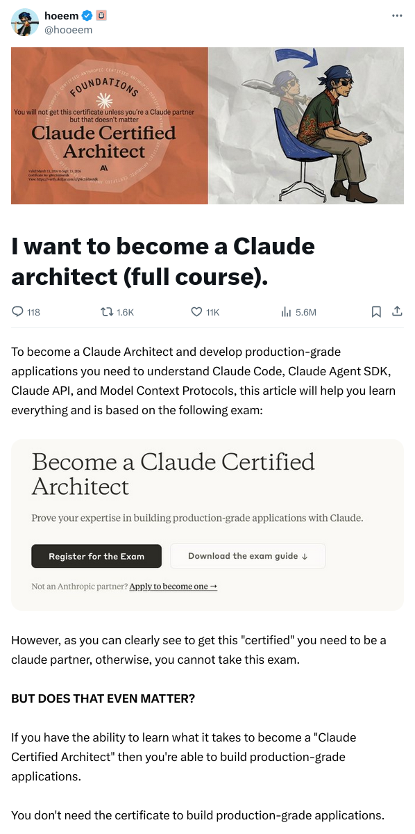 关于Claude认证架构师考试的社交媒体讨论截图