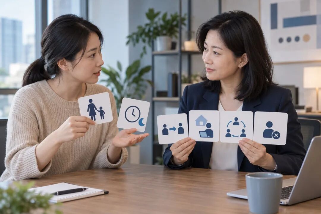 成员向主管说明接送孩子的照护安排