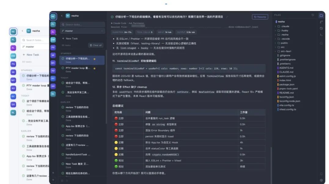 Nezha 开发环境界面：展示项目详情、代码片段与总结建议