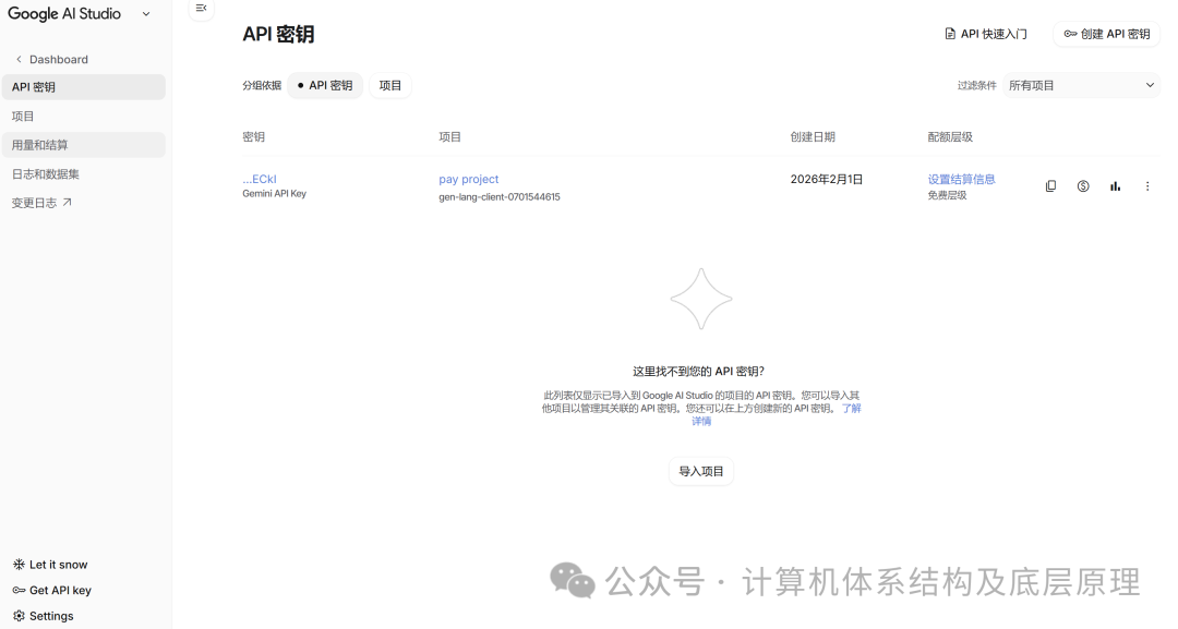 Google AI Studio的API密钥管理页面