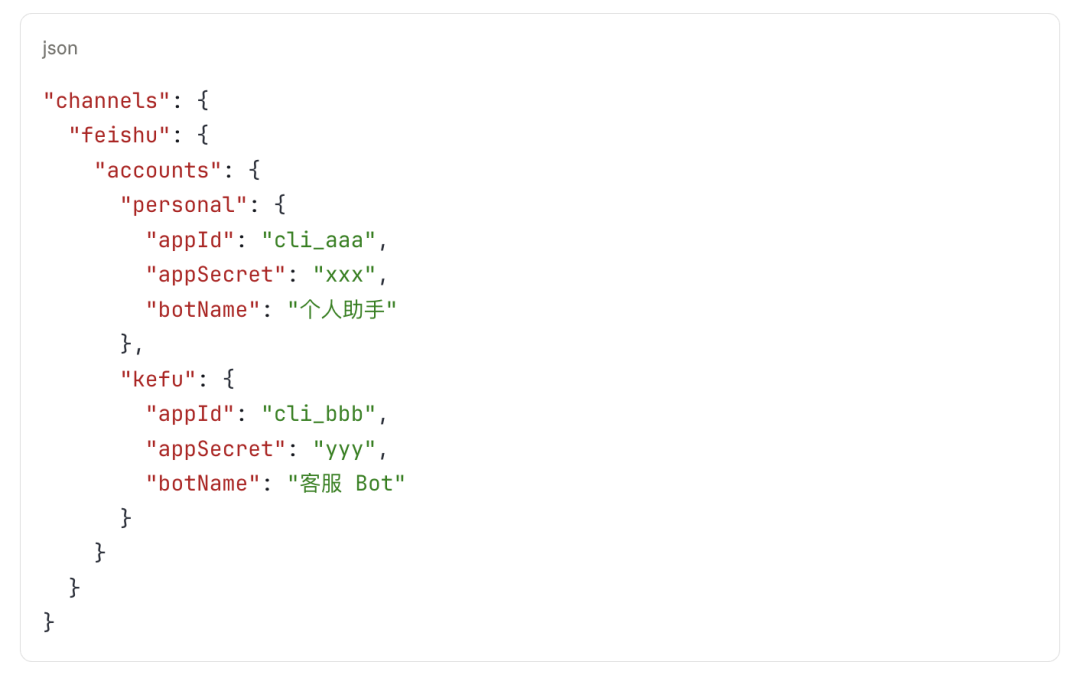 多飞书Bot账号配置JSON示例
