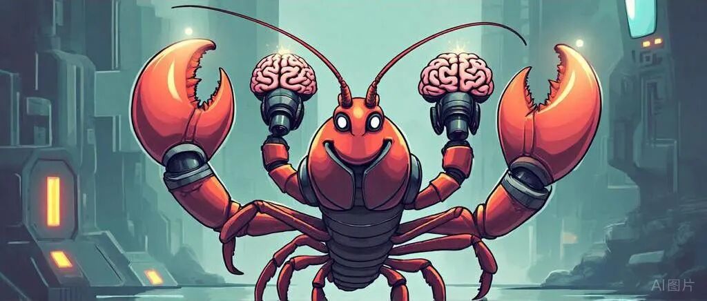 一只托举着人类大脑模型的红色机械龙虾，站在未来都市背景前，象征技术与人类智慧的融合