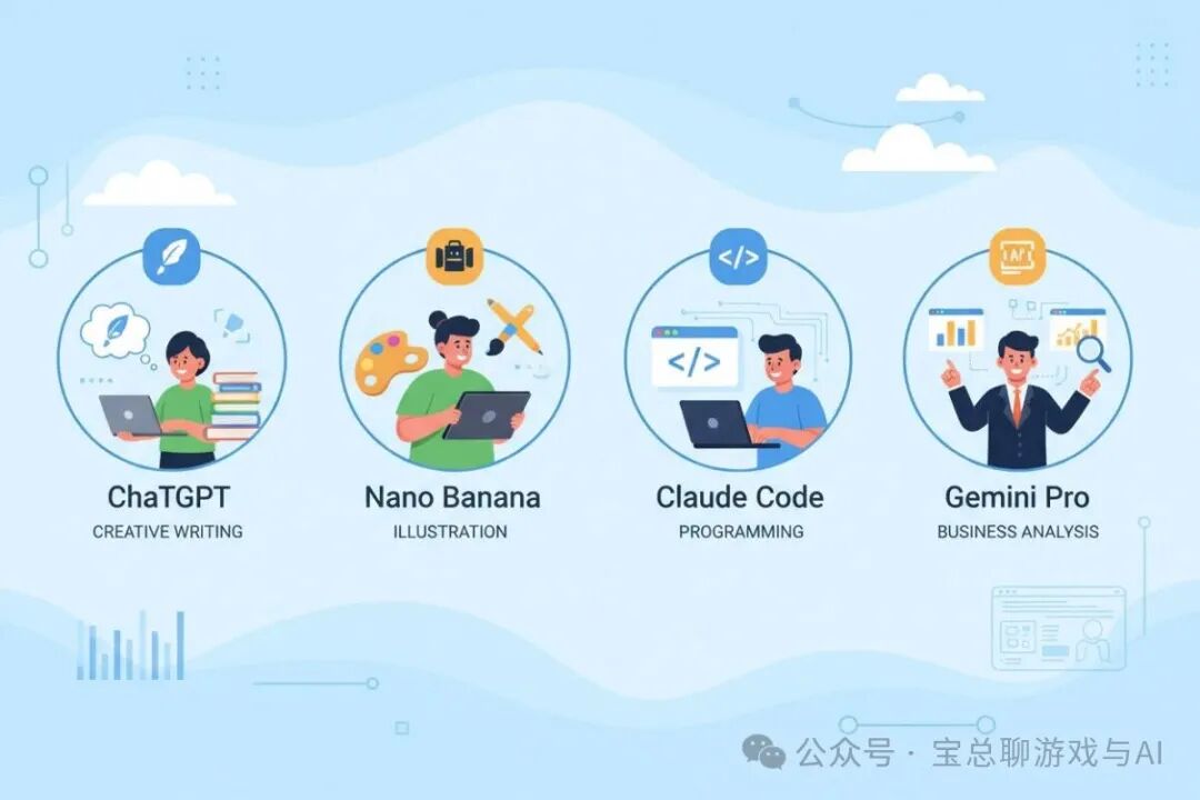 展示四种AI工具及其应用场景的插画