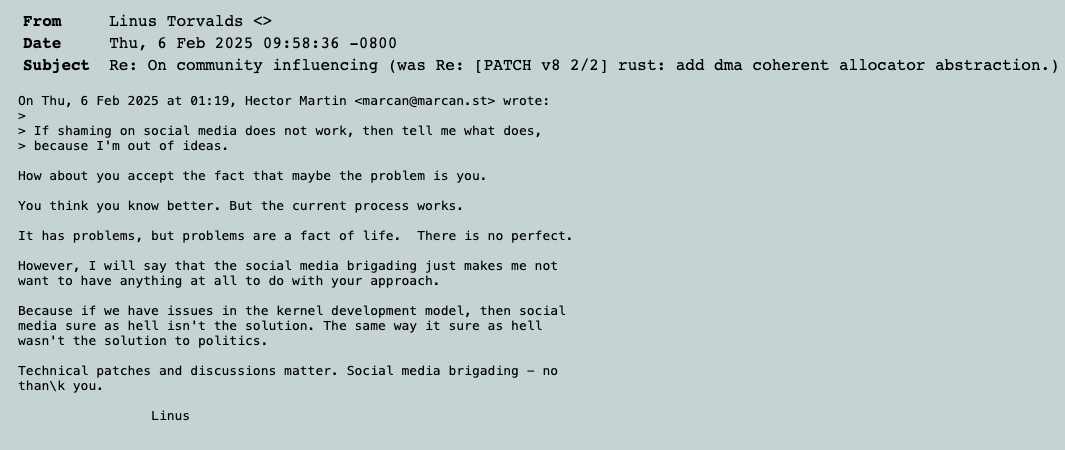 Linus Torvalds回击社交媒体舆论战的邮件截图