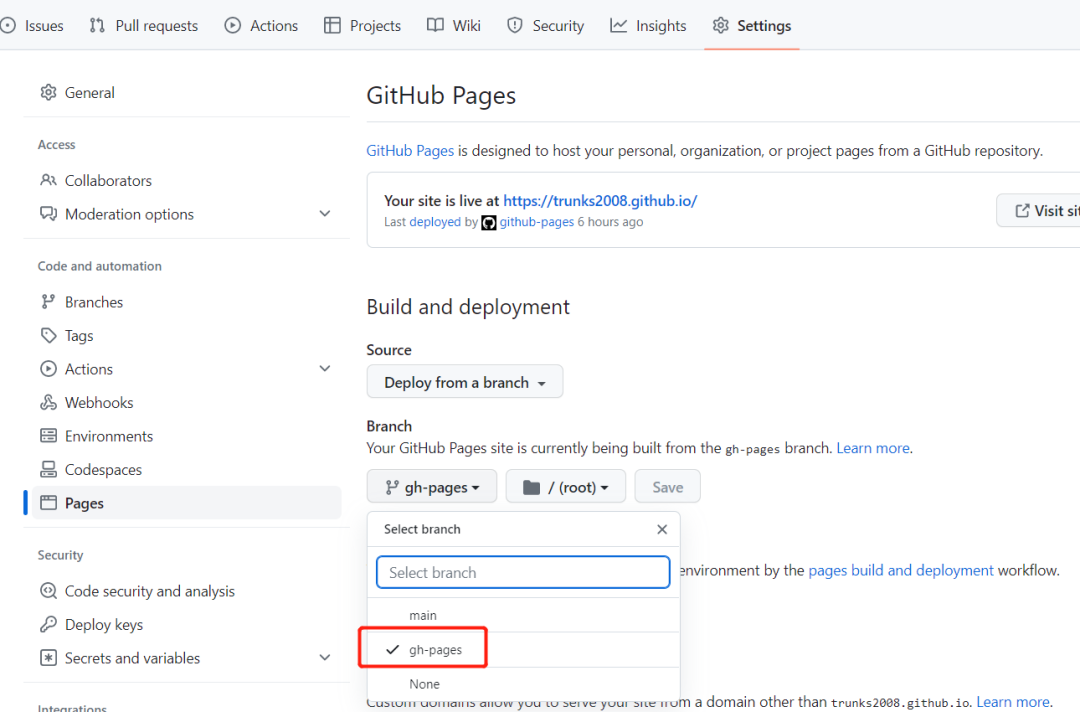 GitHub Pages设置页面，选择gh-pages分支作为源