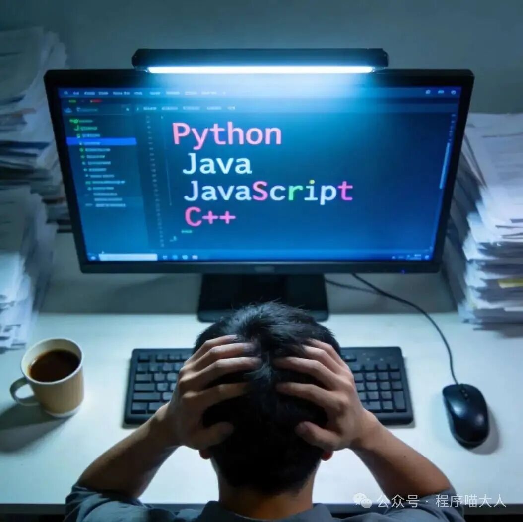 程序员面对多种编程语言选择时的焦虑表情