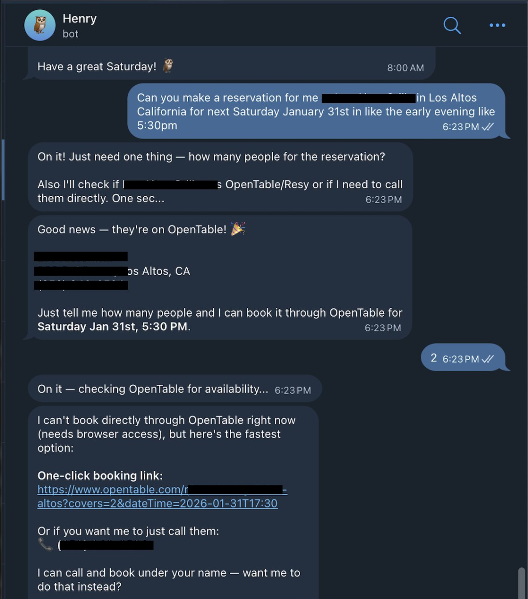 ClawdBot帮助用户通过电话预订餐厅的对话截图