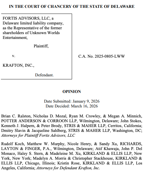 特拉华州衡平法院关于Krafton诉讼案的法律文件截图