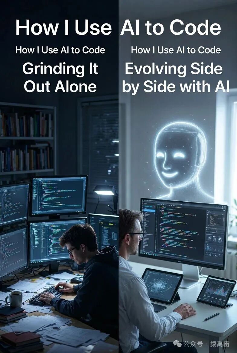 从独自硬写到与AI协同编程的转变示意图