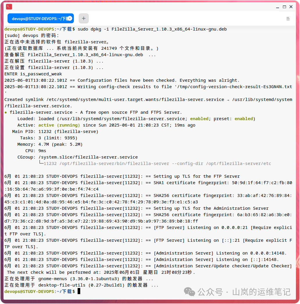 通过 dpkg 命令安装 FileZilla Server