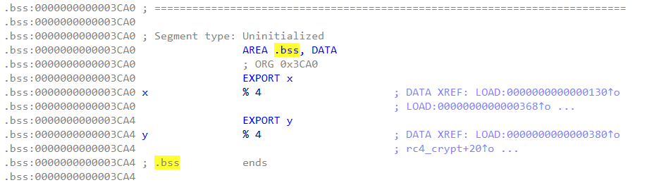 .bss段汇编视图,EXPORT x和EXPORT y符号