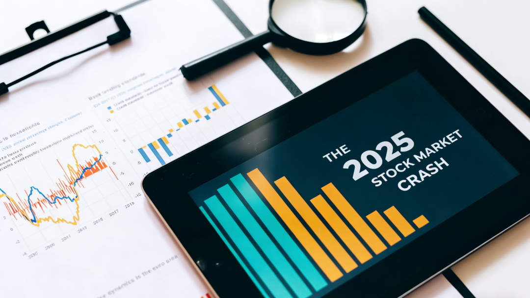 一张俯拍视角的办公桌面,平板和纸张上显示着金融数据和图表