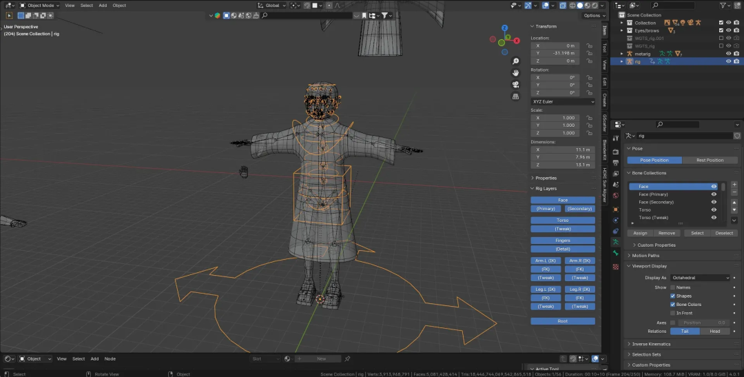 Blender软件中一个带骨骼绑定的复杂角色模型界面