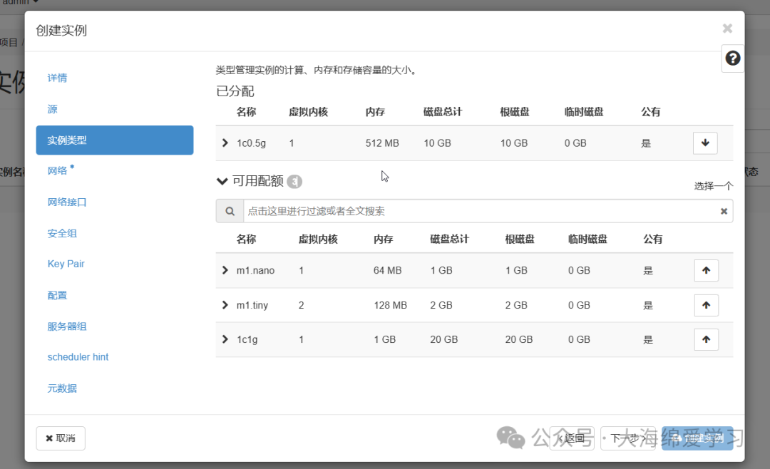 实例类型选项卡，已分配规格“1c0.5g”（1 VCPU、512 MB内存、10 GB磁盘），可用配额含m1.nano、m1.tiny、1c1g等
