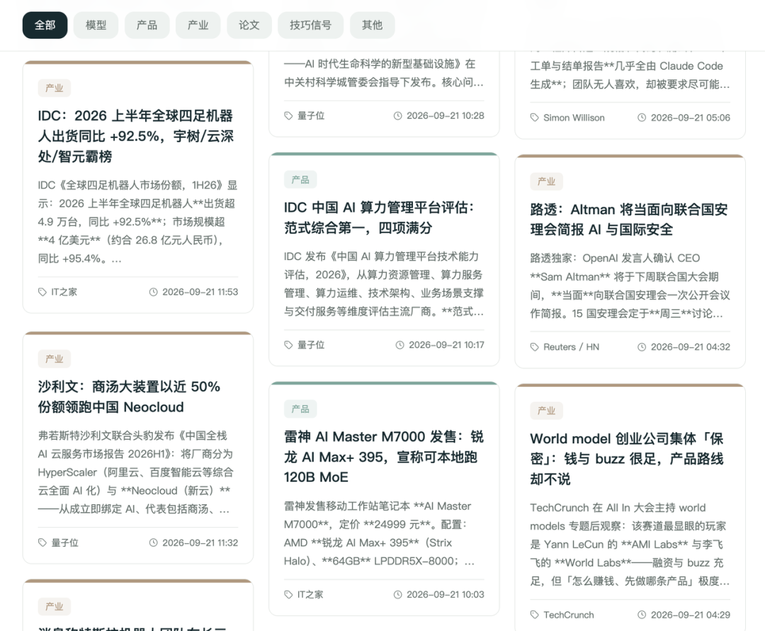 AI 资讯聚合阅读页面卡片流
