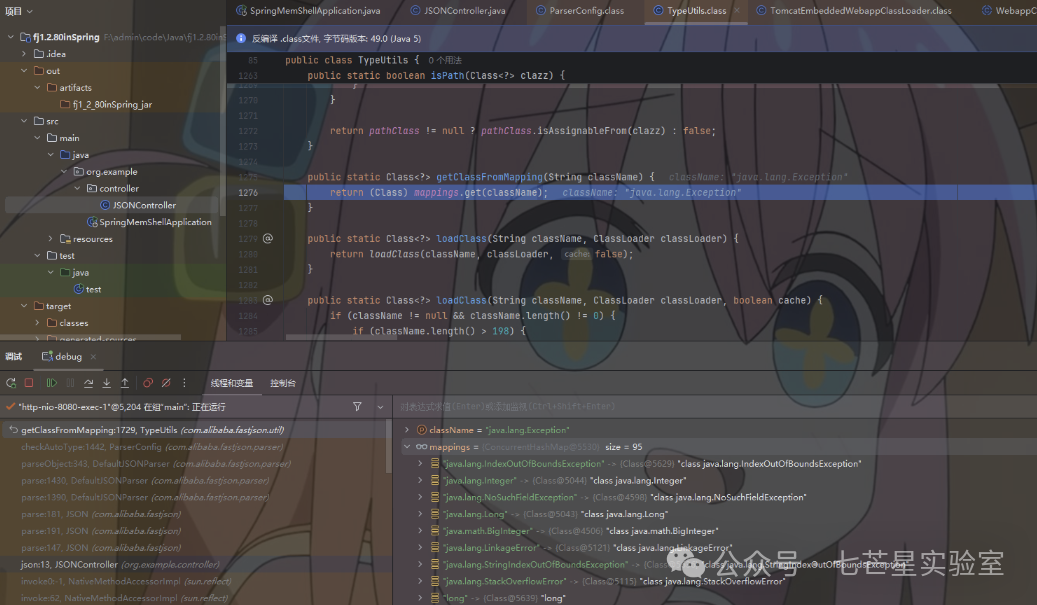 调试信息截图,显示当前缓存映射中已包含的类