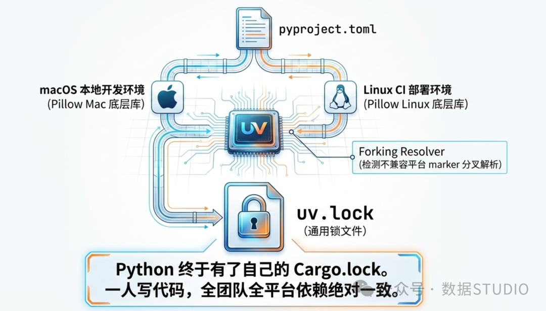 pyproject.toml 与 uv.lock 跨平台一致性架构图