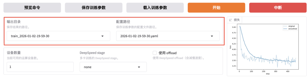 训练界面截图:输出目录、配置路径、设备数量、DeepSpeed stage等字段及损失曲线图