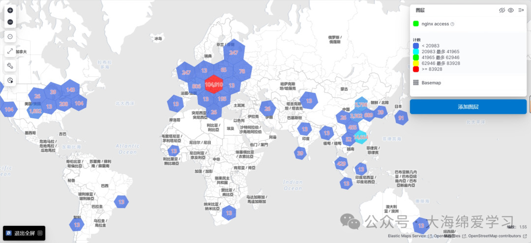 全球 IP 访问源热力图可视化效果