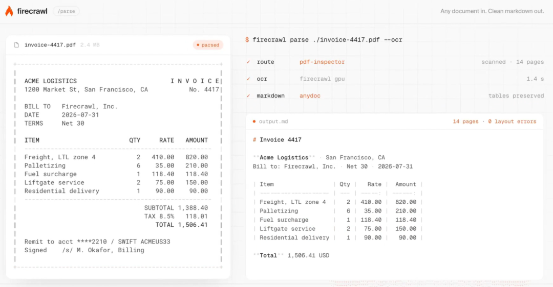 firecrawl parse 命令解析发票 PDF 并输出 Markdown