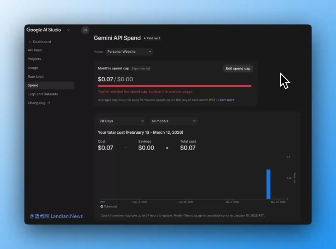 Google AI Studio Gemini API 支出上限设置页面