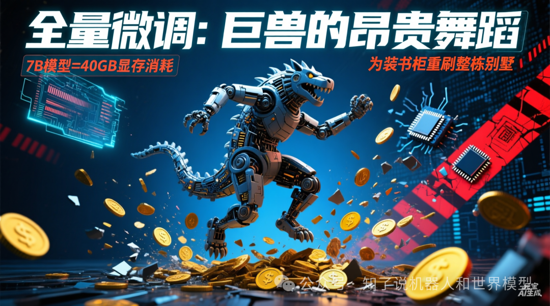 全量微调成本高企:7B模型约需40GB显存,如同为装书柜重刷整栋别墅