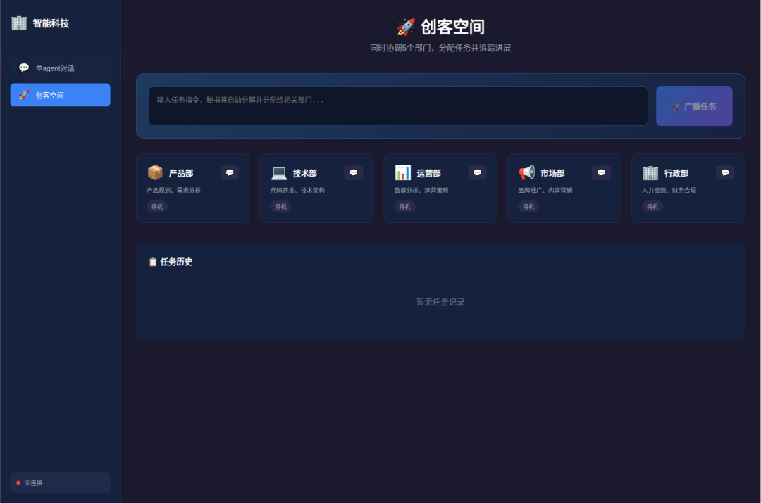 由M2.7构建的智能公司“创客空间”多部门协调界面