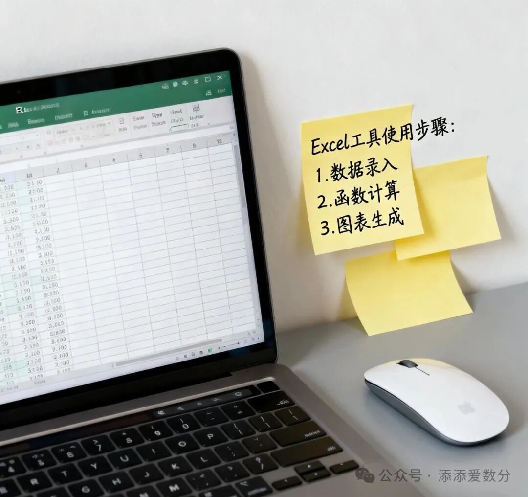 笔记本电脑运行Excel,旁边贴着数据操作步骤便签
