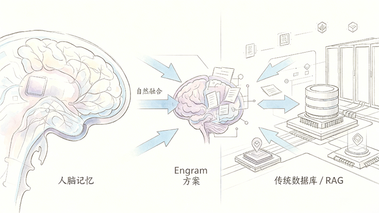 Engram方案与人脑记忆、传统数据库/RAG信息融合流程示意图