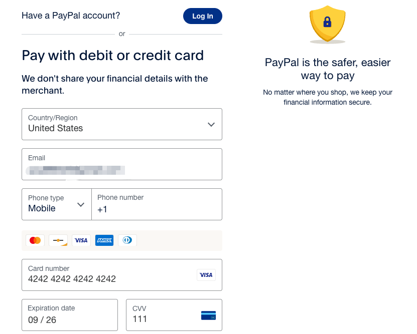 支持信用卡支付的PayPal界面
