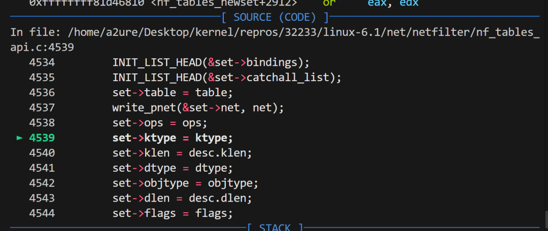 在 nf_tables_newset 函数设置断点捕捉内存覆盖