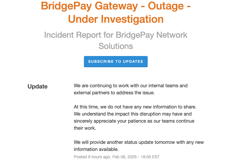 BridgePay官方状态页面显示服务中断调查中