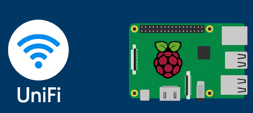 树莓派与UniFi标志,代表在树莓派上部署UniFi控制器