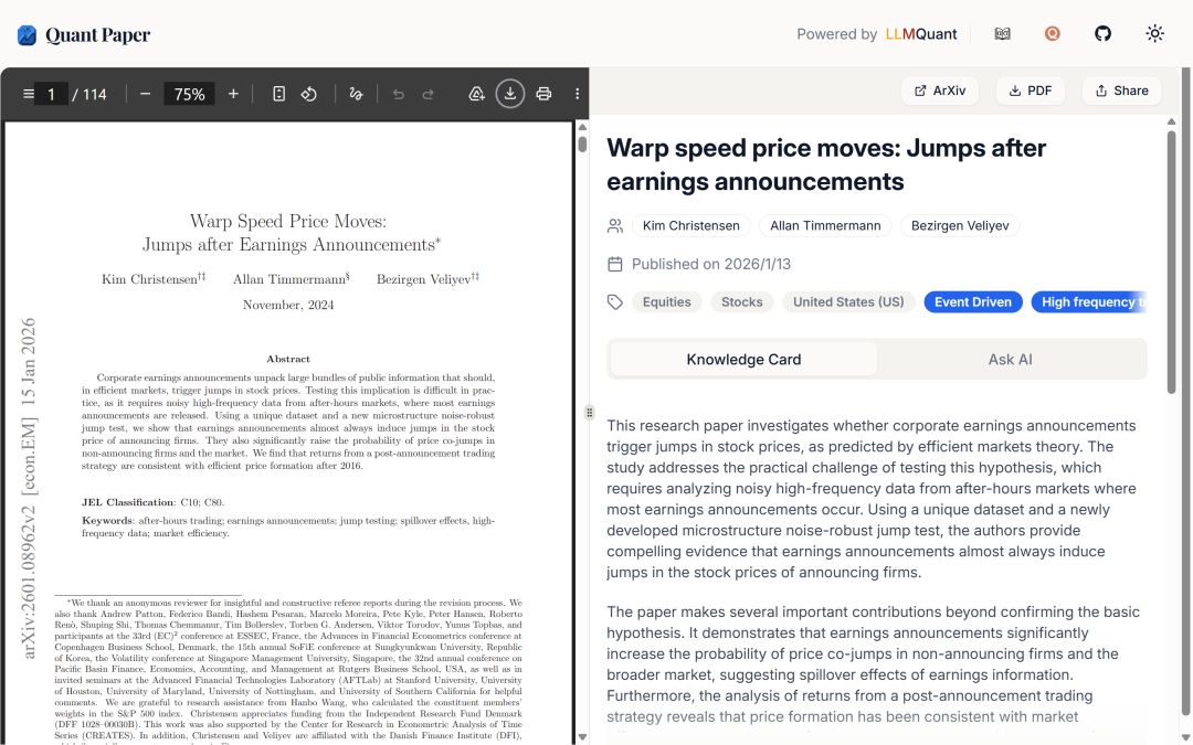 论文《Warp speed price moves: Jumps after earnings announcements》摘要截图