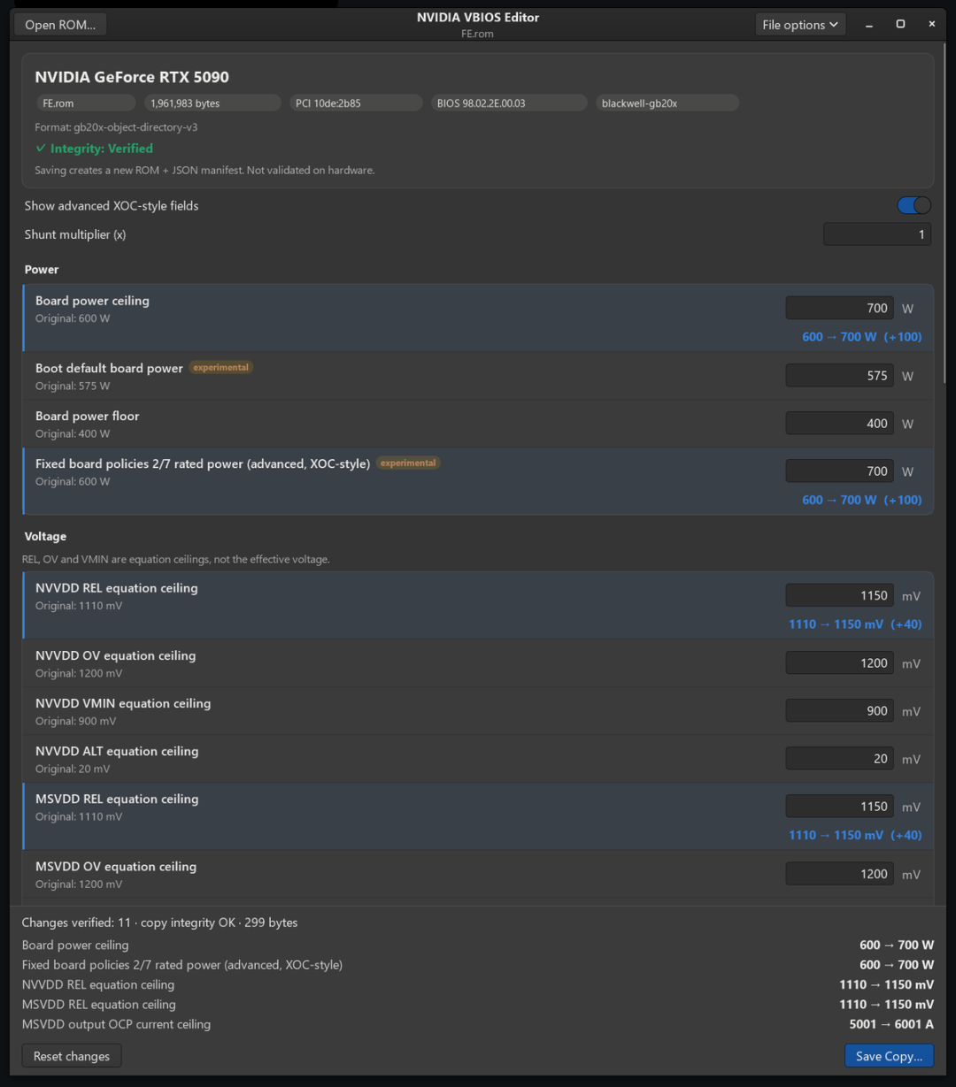 NVIDIA VBIOS Editor 编辑 RTX 5090 功耗与电压参数