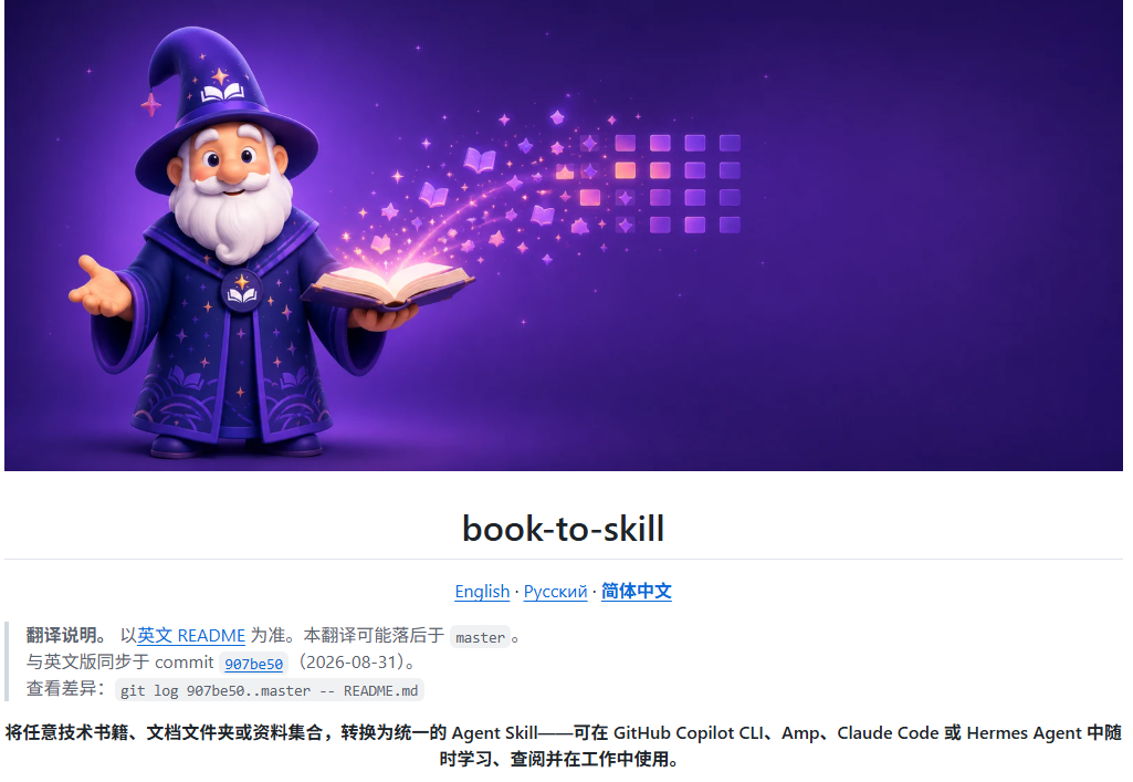 book-to-skill 项目宣传图,将技术书籍转换为Agent Skill